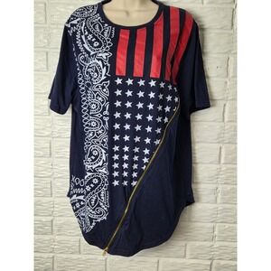 TRUE ROCK shirt Women's size XL Flag Bandana Zipper short sleeve Tunic
